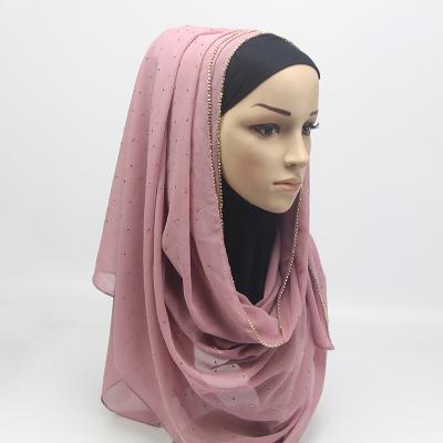 China New High Quality Polyester Pearl Chiffon Scarf With Rhinestone Head Scarf Shinning Muslim Ladies for sale