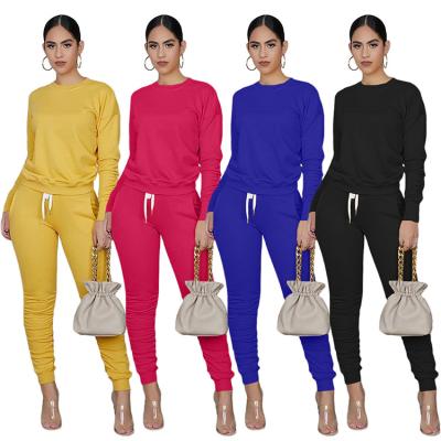 China Autumn Breathable O-Neck Long Sleeve Solid Knitted Women Jogger Folds Trousers Sweatpants Set For Women for sale