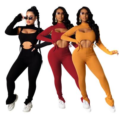 China 2020 Other Womens Two Piece Clothing Set Long Sleeve Winter Ribbed Overalls Outfits 2 Piece Pant Set Clothing Club Wear Sets for sale