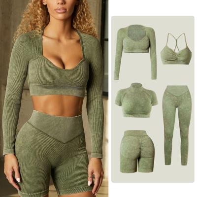 China 2022 Women Fitness Breathable Workout Apparel Custom Long Sleeve Ribbed Yoga Set 5 Piece With Jacket Gym Set Active Wear Seamless for sale