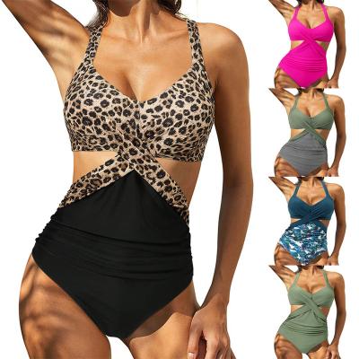 China 2022 Women's S-2XL Plus Size Breathable Leopard Print One Piece Swimsuit Solid Color Stitching Cross Strap Swimwear Bathing Suit for sale