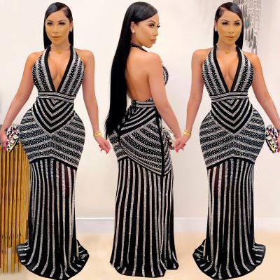 China 2021 Elegant Breathable Sexy Deep V Ladies Evening Dresses Diamond Nightclub Party Dress Rhinestone See Maxi Long Dress for sale