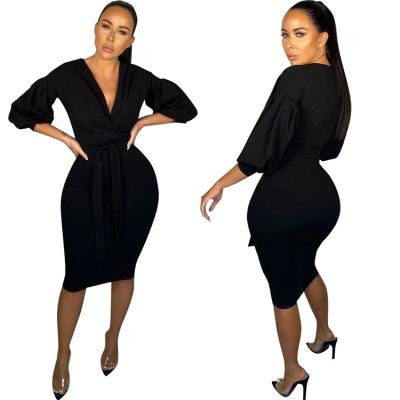 China Black Breathable Sexy Elegant Dress Women Skinny Lantern Sleeve V-Neck Off The Shoulder Party Dress Women for sale