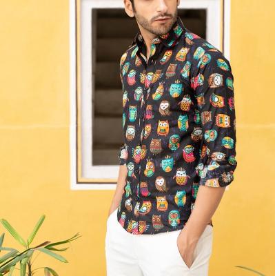 China Anti-pilling Summer Hot Selling All Over Black Hawaiian Casual Owl Imprinted Printing Beach Shirt For Men for sale