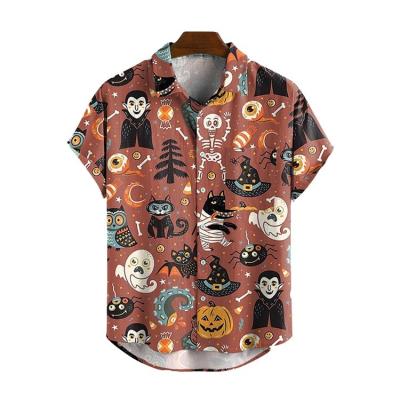 China Custom Made Hawaiian Print Casual Squishy Button Men's Halloween Anti-Pilling Lapel Short Sleeve Shirt for sale