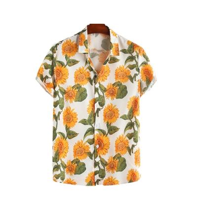 China Custom Mens Anti-Pilling Sunflower Print Vacation Rayon Thin Breathable Button Up Short Sleeve Hawaiian Shirt for sale