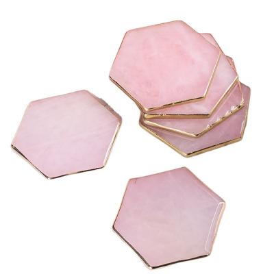 China China Wholesale Natural Rose Quartz Gold Plated Sliced ​​Water Cup Coasters Agate Dish for sale