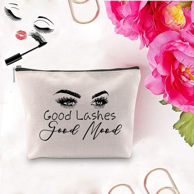 China Fashion Custom Printing Cotton Material Lightweight White Makeup Cosmetic Bag With Black Zipper for sale