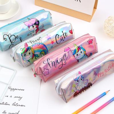 China Durable Waterproof Pu Leather Student Unicorn Pencil Case School Supplies Stationery Holographic Laser Pen Bag For Girl Boys for sale