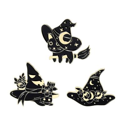 China Europe Wholesale Discount Cheap Black Enamel Pins Cat Magic Hat Brooches Flowers Badges Metal Crafts for sale