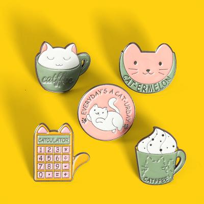 China Europe New Custom Design Lovely Brands Mug Cat Enamel Pins Coffee Daily Cartoon Brooches Decoration For Kids Friends for sale