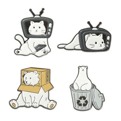 China Europe Custom Design Lovely Brands White Cat Enamel Pins TV Cat Beer Box Daily Cartoon Brooch Gift For Kids Friends for sale