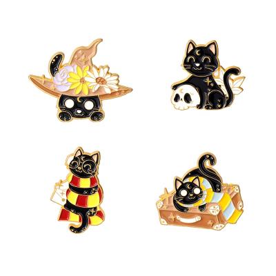 China Europe New Arrival Gothic Enamel Pins Magic Skeleton Cats Hat Badges Cat Metal Crafts Scarf Brooches Black For Boys Girls for sale