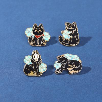 China Europe Customized Mysterious Gothic Style Brooch Animals Enamel Black Wolf Dogs Lapel Pins Badges Cool Pins Pin For Boys for sale