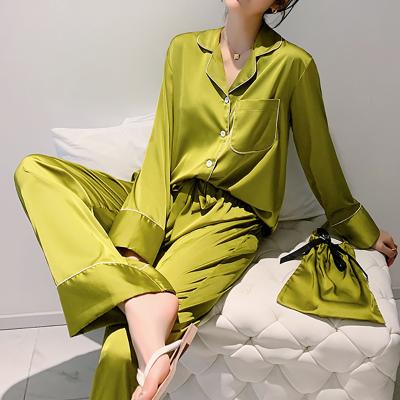 China Customized Soild QUICK DRY Silk Like Satin Pajamas High Qaulit Ladies Button Down Loungewear Women Sleepwear Pajamas 2pcs for sale