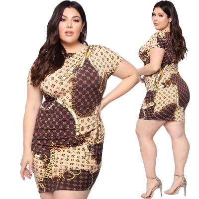 China New design breathable plus size women's dress/2022 round neck dress/2022 tight hip print wrap women's clothing for sale