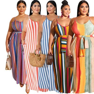 China New Breathable Large Size Women's Striped Sling Dress Loose Belted Summer/Plus Size Women's Dresses for sale