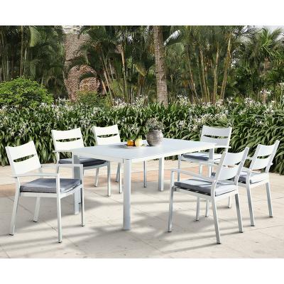 China 2021 Modern Dining Table And Manufacture 7Pcs 6 Seater Furniture Aluminum Outdoor Garden Chairs Set With Cushion for sale