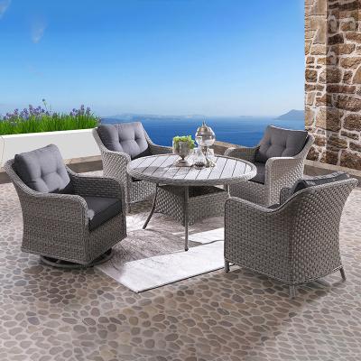 China Contemporary Aluminum Wicker Outdoor Patio Garden Furniture Round P.E Rattan Dining Table Swivel Chair Armchair Set for sale