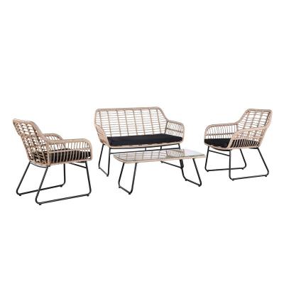 China Contemporary 4 Piece Metal Balcony Aluminum Patio Garden Outdoor Furniture Set P.E Rattan Wicker Garden Sofa With Tempered Glass Coffee Table for sale