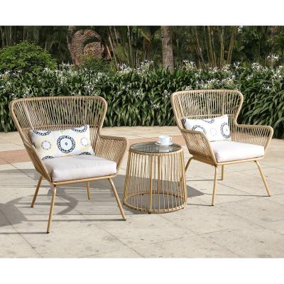 China Modern 3 Piece P.E Rattan Cushion All Weather Wicker Garden Patio Furniture Tempered Glass End Coffee Table Outdoor Chairs Bistros Set for sale