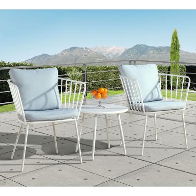 China Modern White Outdoor Garden Furniture Small Resort Coffee Table and Set of 2 Cushion Chairs for sale