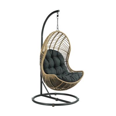 China Contemporary Indoor Outdoor Outdoor Rattan Wicker Patio Garden Egg Hanging Chairs with Cushions and Water Resistant Iron Base for sale