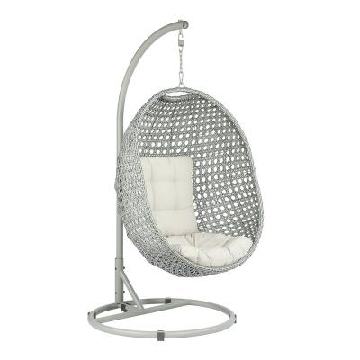 China 2021 Contemporary Outdoor Metal Rattan Wicker Patio Furniture Hanging Basket Swing Chair Tear Drop Egg Hanging Chair with Stand and Cushion for sale