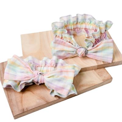 China Ladies designer children girl cute color soft plaid rainbow large bow canvas headband for sale