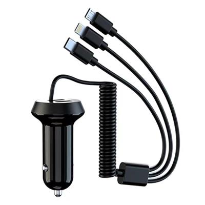 China Wholesale Dual USB Mobile Phone Car Charger One With Belt Line Three Fast Charging Cigarette Car Lighter Charger For iphone Micro C Type for sale