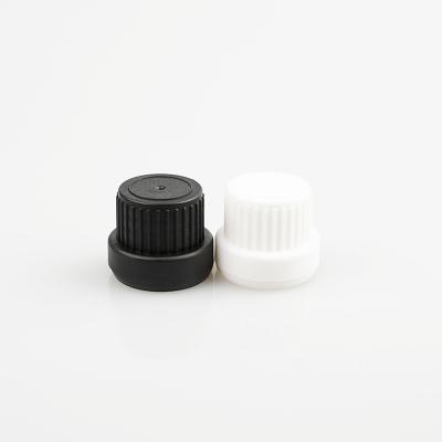 China Non Spill 18mm Black White Tamper Evident Pile Proof Plastic Screw Cap With Short Dropper Insert For Essential Oil Bottles for sale