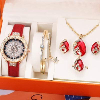 China Exquisite creative simple folding buckle ladies temperament watch gift set diamond watch bracelet ring earrings necklace set for sale