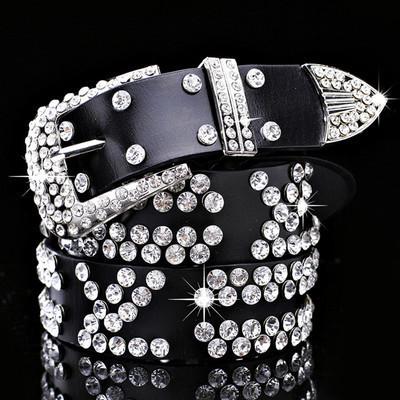 China Small V-shape 3.4cm Width Cowhide Fashion Fancy Crystals Crystals Rhinestones Fork Single Pin Buckle Crystal Rhinestones Ladies Belt for sale