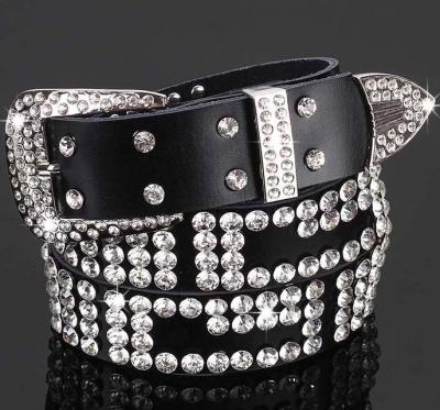 China New Style Cowhide Version 3.3cm Young Girl Western Korean PU Leather Fashion Rhinestone Diamond Fancy Studded Crystal Belt for sale