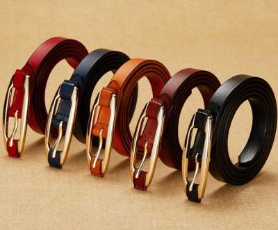 China High Quality Narrow Lady Gold Buckle Cowhide 1.5cm Width Pin Leather Belts for sale