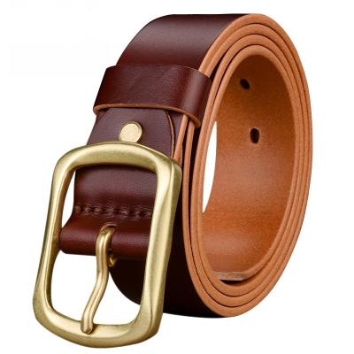 China Cowhide 3.8cm Width Pin Solid Brass Buckle Genuine Leather Belt For Men, Custom Size For Women for sale