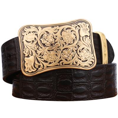 China Cowhide 3.8cm Width Solid Brass 3D Belt Buckle Genuine Leather Belt for sale