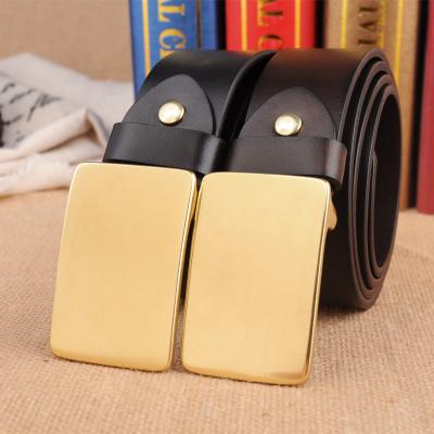 China Cowhide 3.8cm Width Plain Flat Solid Brass Western Buckle Strong Leather Belt for sale