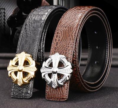 China Scare Crocodile Line Fashion Leather 3.3cm Round Western Cross Buckle Belt for sale