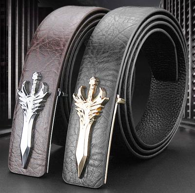 China Western Belt Men Cowhide 3.3cm Sword Logo Buckle Leather Belts for sale