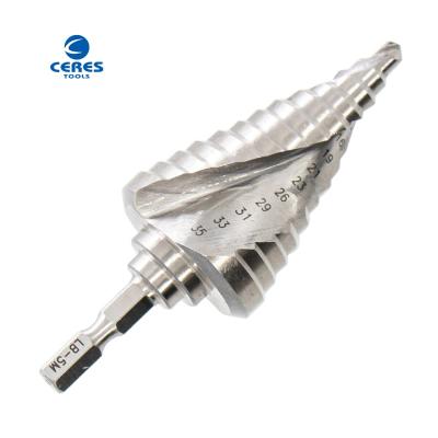 China Hex shank HSS 6542 M2 fully ground bright finish 5-35mm spiral flute hss step drill bits for metal drilling for sale