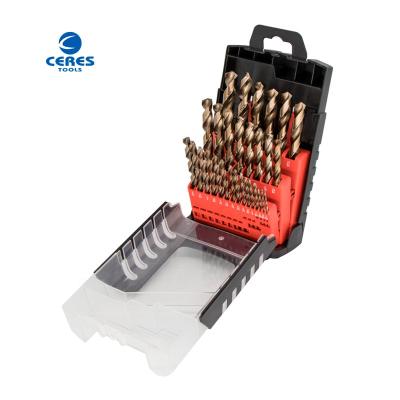 China 29 PCs Din338 standard HSS M35 fully ground amber finished straight shank twist drill bit set for metal drilling for sale