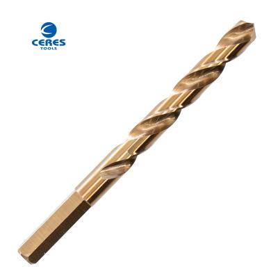 China hex shank DIN338 standard M35 amber color fully ground HSS cobalt drill bit for stainless metal drilling for sale