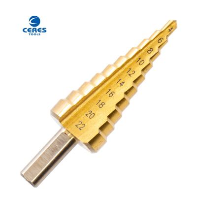 China Three flat HSS4241 roll forged titanium coated 4-22mm step drill bits for metal drilling for sale