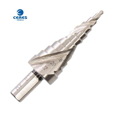 China Three flat shank spiral flute HSS 6542 P6M5 fully ground bright finish 4-22mm step drill bits for metal drilling for sale