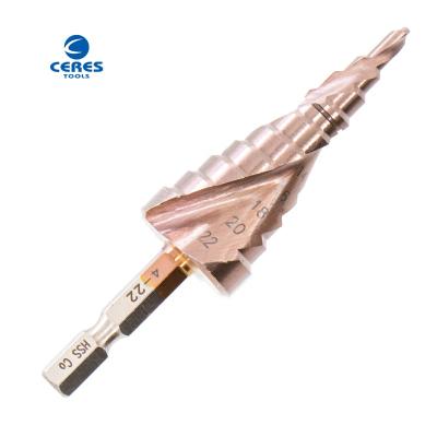 China Hex shank HSS4241 roll forged amber coated spiral flute 4-22mm step drill bits for metal drilling for sale