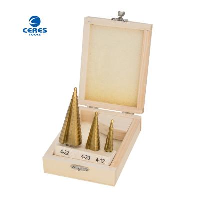 China DIN1412C standard HSS P6M5 M2 fully ground Titanium coated step drill bit set for metal drilling for sale