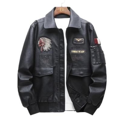 China Men's Lattice Bomber Leather Embroidery PU Motorcycle Leather Jacket Windproof Leather Jacket for sale