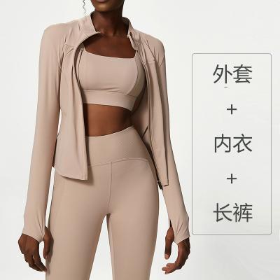 China Wholesale Custom Logo 3PCS Chunky Fitness Sports Jacket Breathable Gym Clothes Women Gym Seamless Yoga Leggings Sets Workout Sets for sale