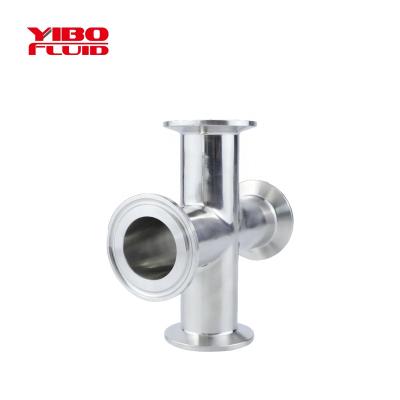 China Stainless Steel SS304/316L 4 End Flange Corss Wine YIBO Beer Hygienically Cross Sanitary Pipe Fitting Dairy Milk Beverage Brewing for sale